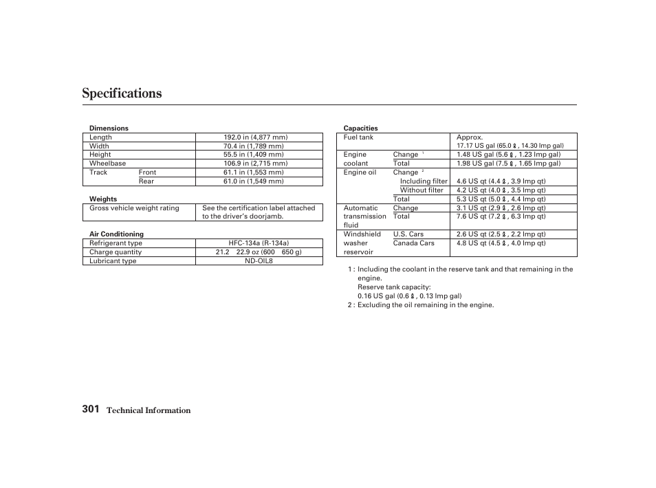 Specifications | Acura 2001 CL - Owner's Manual User Manual | Page 303 / 330