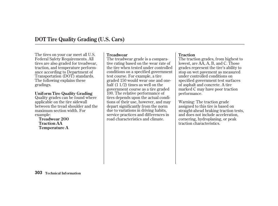 Dot tire quality grading (u.s. cars) | Acura 2001 CL - Owner's Manual User Manual | Page 305 / 330
