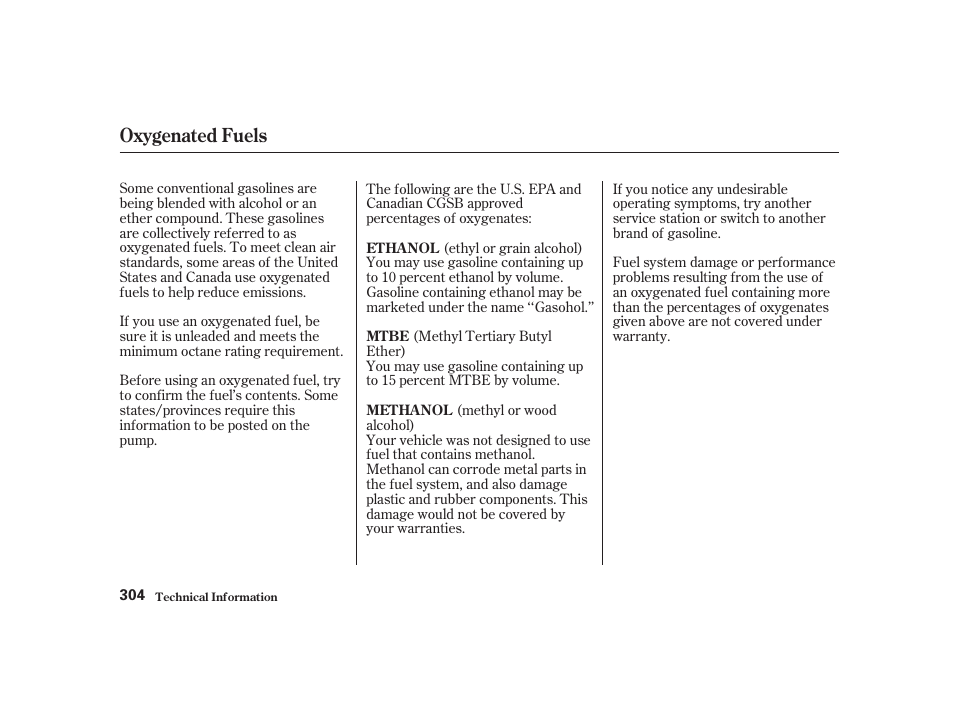 Oxygenated fuels | Acura 2001 CL - Owner's Manual User Manual | Page 307 / 330