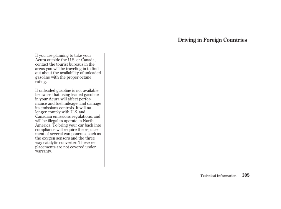 Driving in foreign countries | Acura 2001 CL - Owner's Manual User Manual | Page 308 / 330