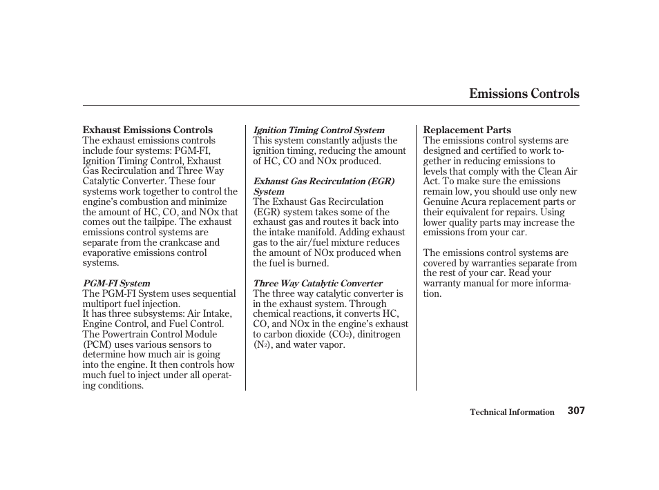 Emissions controls | Acura 2001 CL - Owner's Manual User Manual | Page 310 / 330