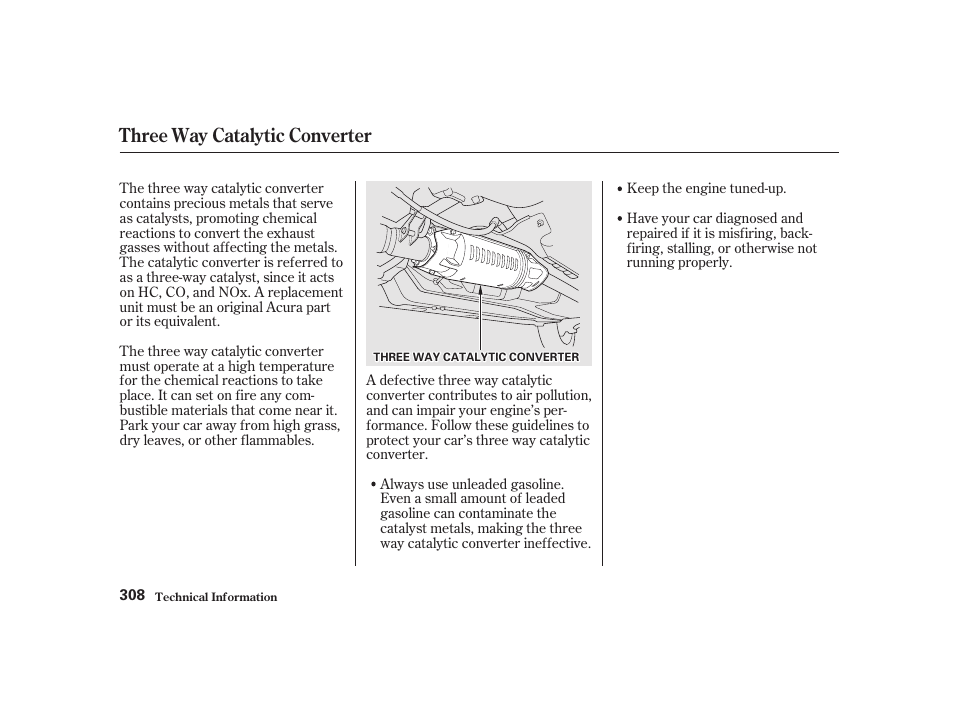 Three way catalytic converter | Acura 2001 CL - Owner's Manual User Manual | Page 311 / 330