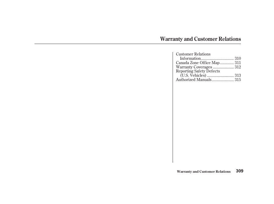 Warranty and customer relations | Acura 2001 CL - Owner's Manual User Manual | Page 312 / 330