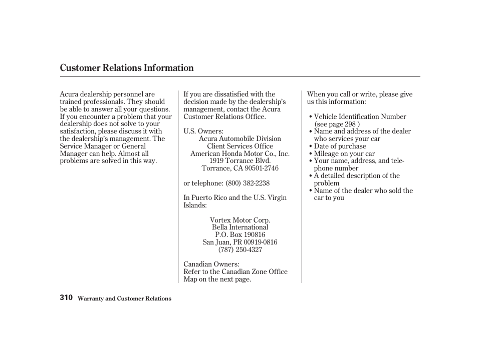 Customer relations information | Acura 2001 CL - Owner's Manual User Manual | Page 313 / 330