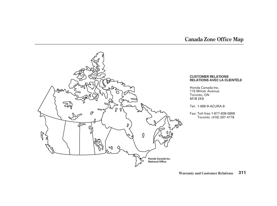 Canada zone office map | Acura 2001 CL - Owner's Manual User Manual | Page 314 / 330