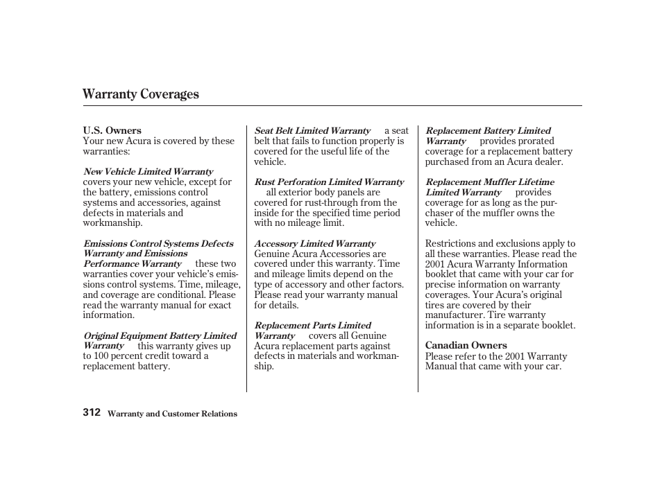 Warranty coverages | Acura 2001 CL - Owner's Manual User Manual | Page 315 / 330