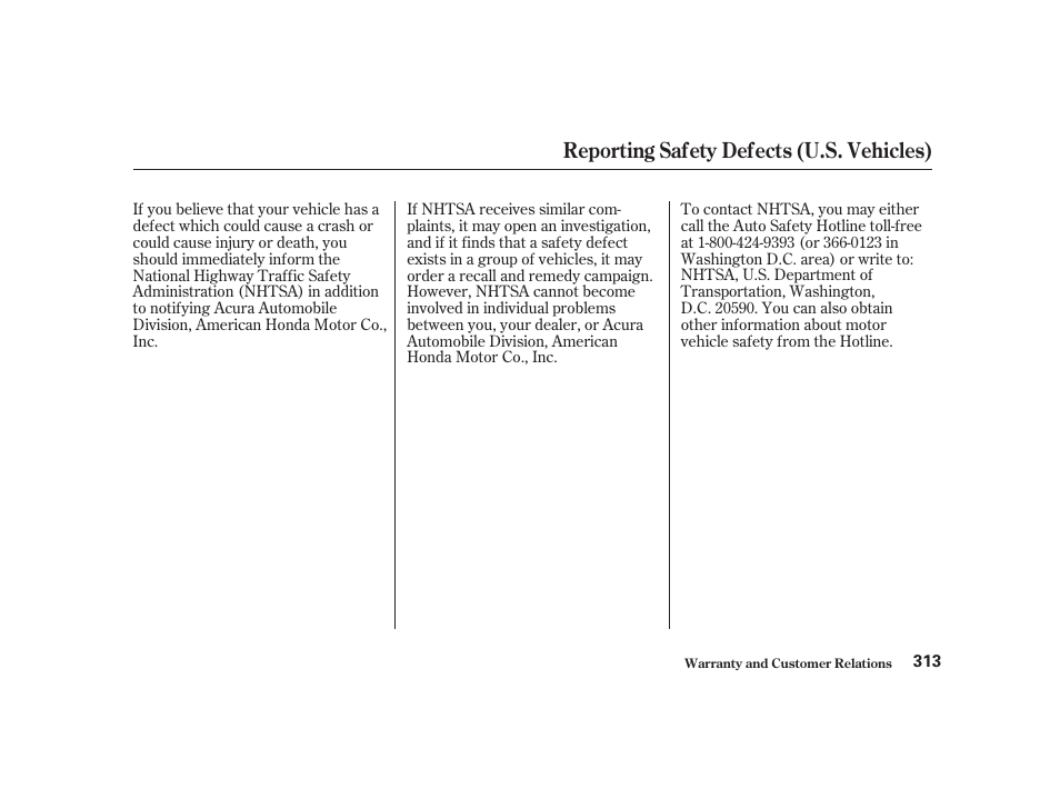 Reporting safety defects (u.s. vehicles) | Acura 2001 CL - Owner's Manual User Manual | Page 316 / 330