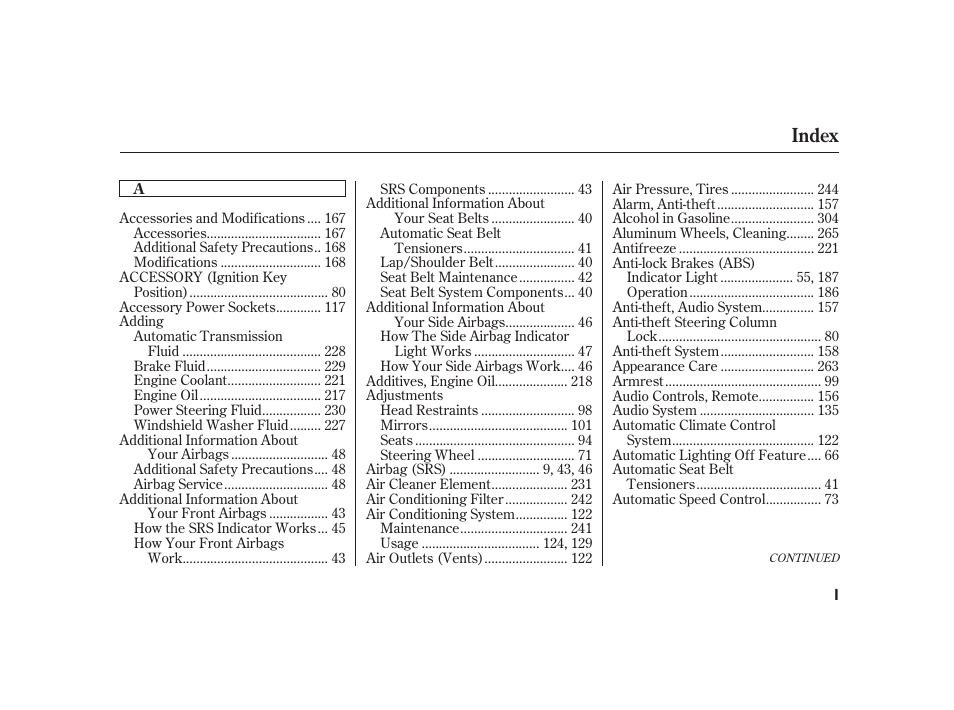 Service information summary, Index | Acura 2001 CL - Owner's Manual User Manual | Page 320 / 330