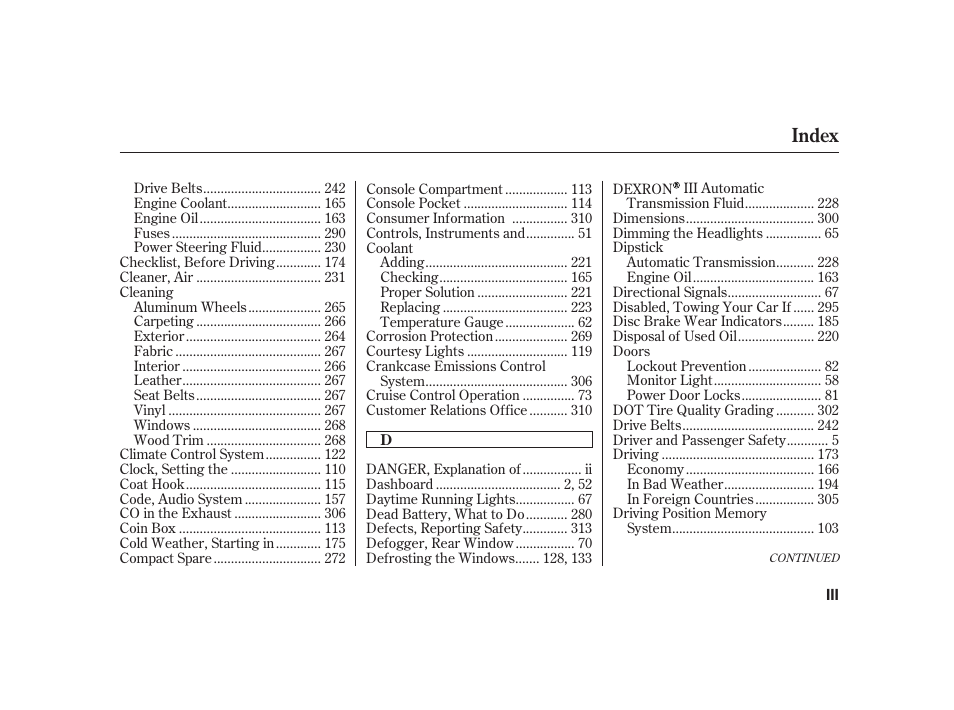 Index | Acura 2001 CL - Owner's Manual User Manual | Page 322 / 330