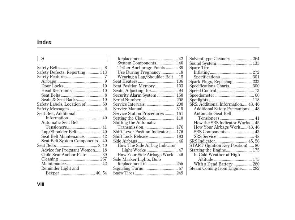 Index | Acura 2001 CL - Owner's Manual User Manual | Page 327 / 330
