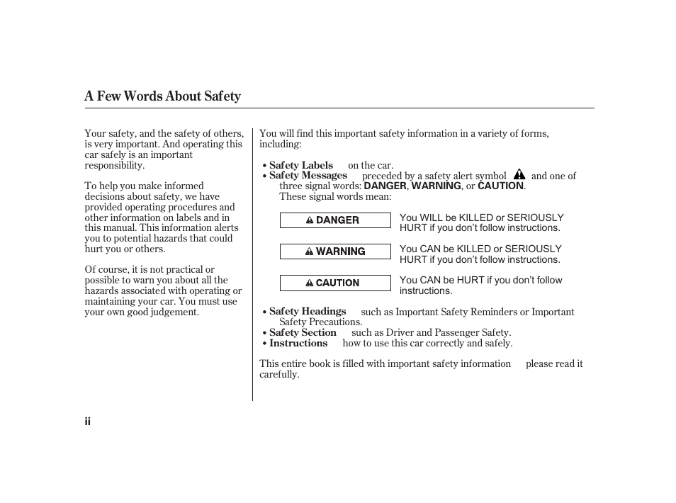 A few words about safety | Acura 2001 CL - Owner's Manual User Manual | Page 4 / 330