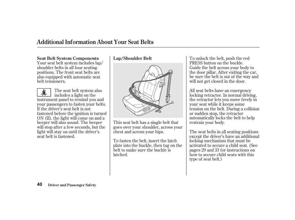 Additional information about your seat belts | Acura 2001 CL - Owner's Manual User Manual | Page 43 / 330