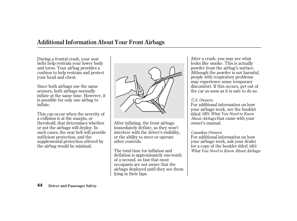 Additional information about your front airbags | Acura 2001 CL - Owner's Manual User Manual | Page 47 / 330