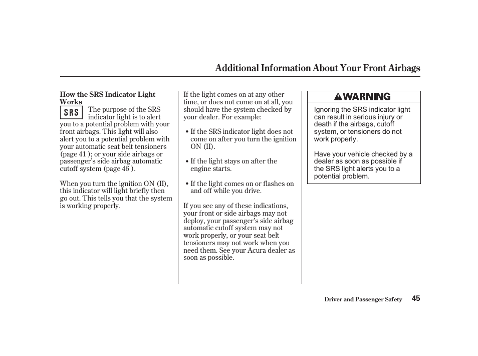 Additional information about your front airbags | Acura 2001 CL - Owner's Manual User Manual | Page 48 / 330