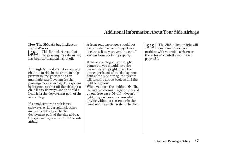 Additional information about your side airbags | Acura 2001 CL - Owner's Manual User Manual | Page 50 / 330