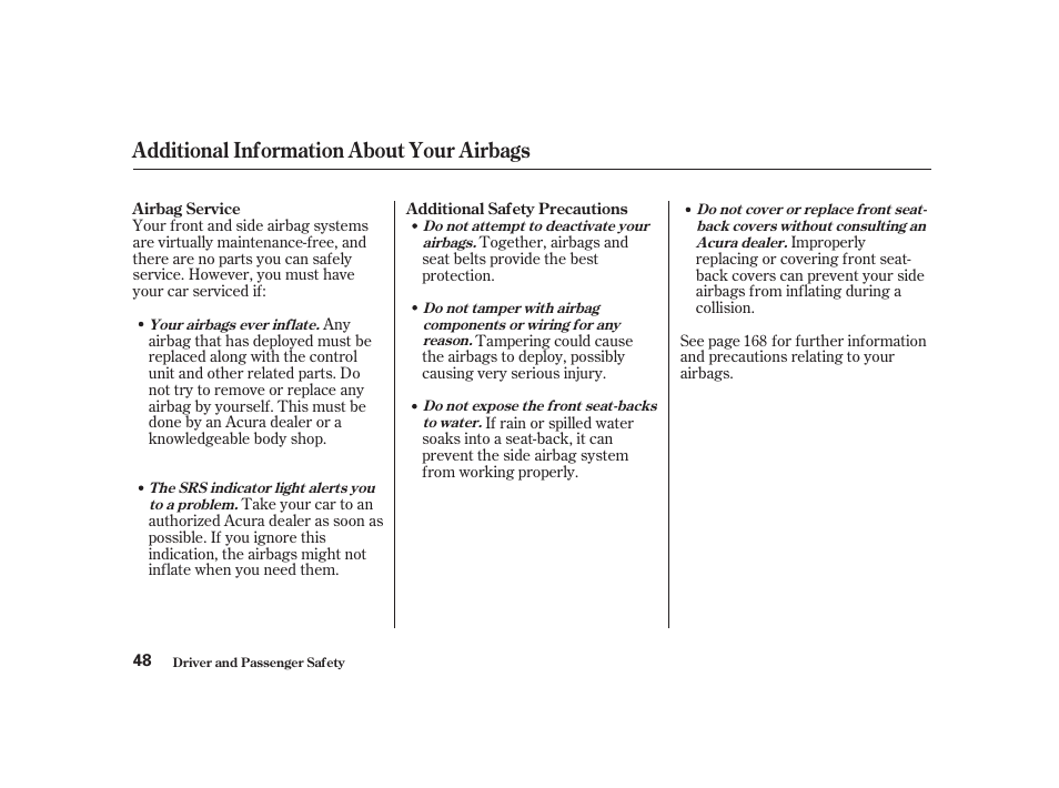 Additional information about your airbags | Acura 2001 CL - Owner's Manual User Manual | Page 51 / 330