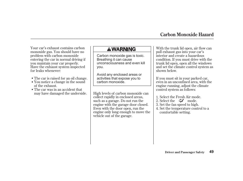 Carbon monoxide hazard | Acura 2001 CL - Owner's Manual User Manual | Page 52 / 330