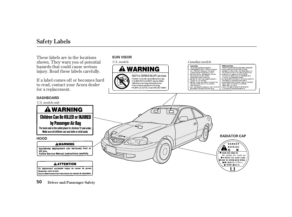 Safety labels | Acura 2001 CL - Owner's Manual User Manual | Page 53 / 330