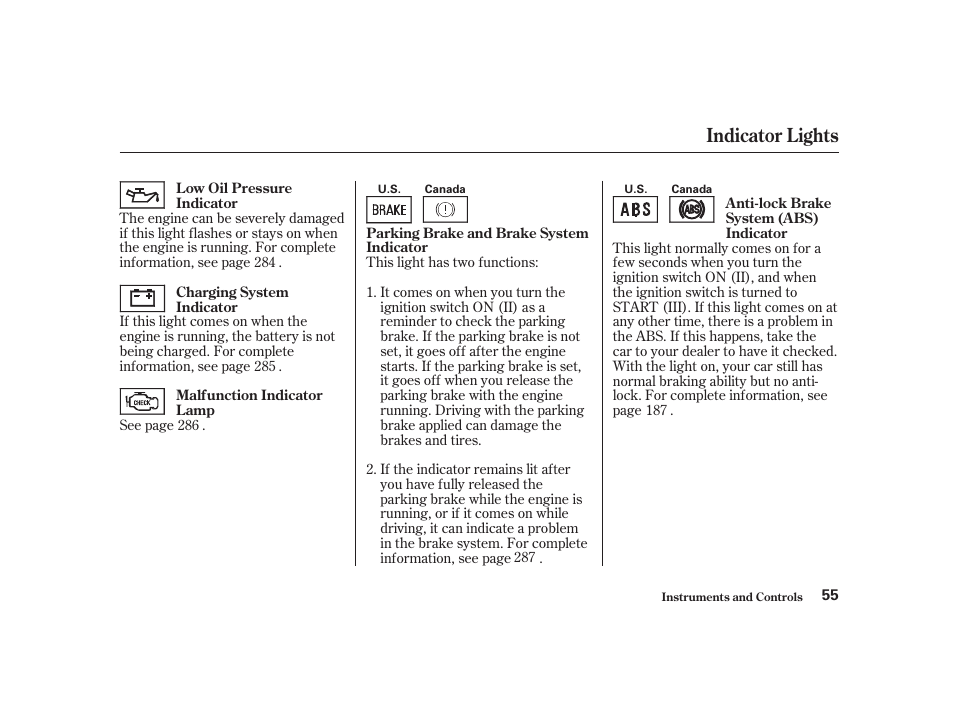 Indicator lights | Acura 2001 CL - Owner's Manual User Manual | Page 58 / 330