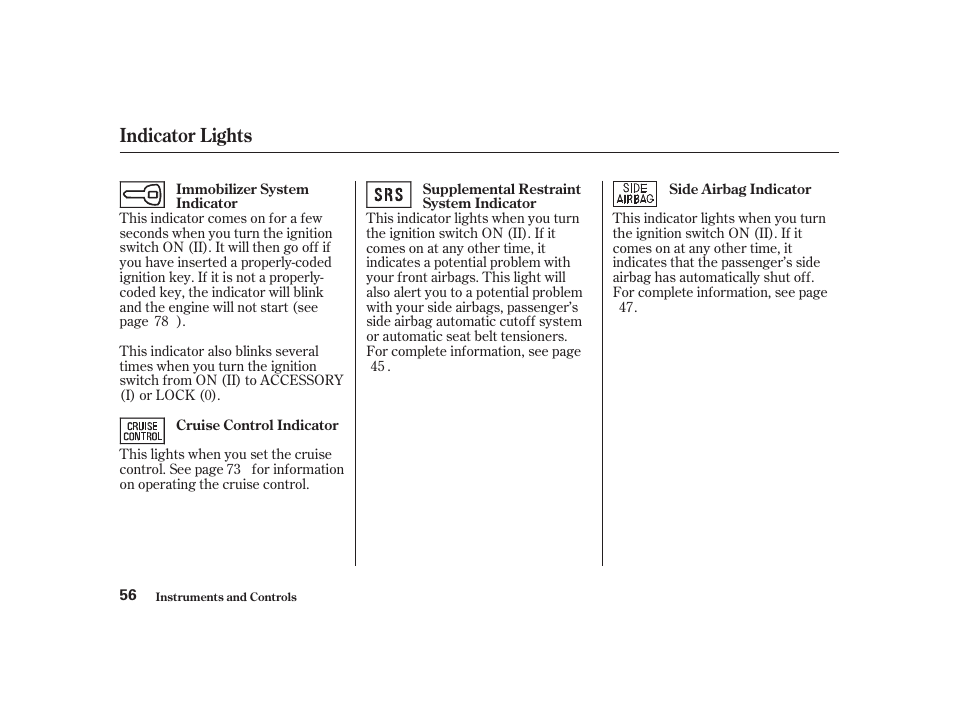 Indicator lights | Acura 2001 CL - Owner's Manual User Manual | Page 59 / 330