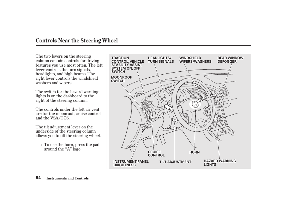 Controls near the steering wheel | Acura 2001 CL - Owner's Manual User Manual | Page 67 / 330