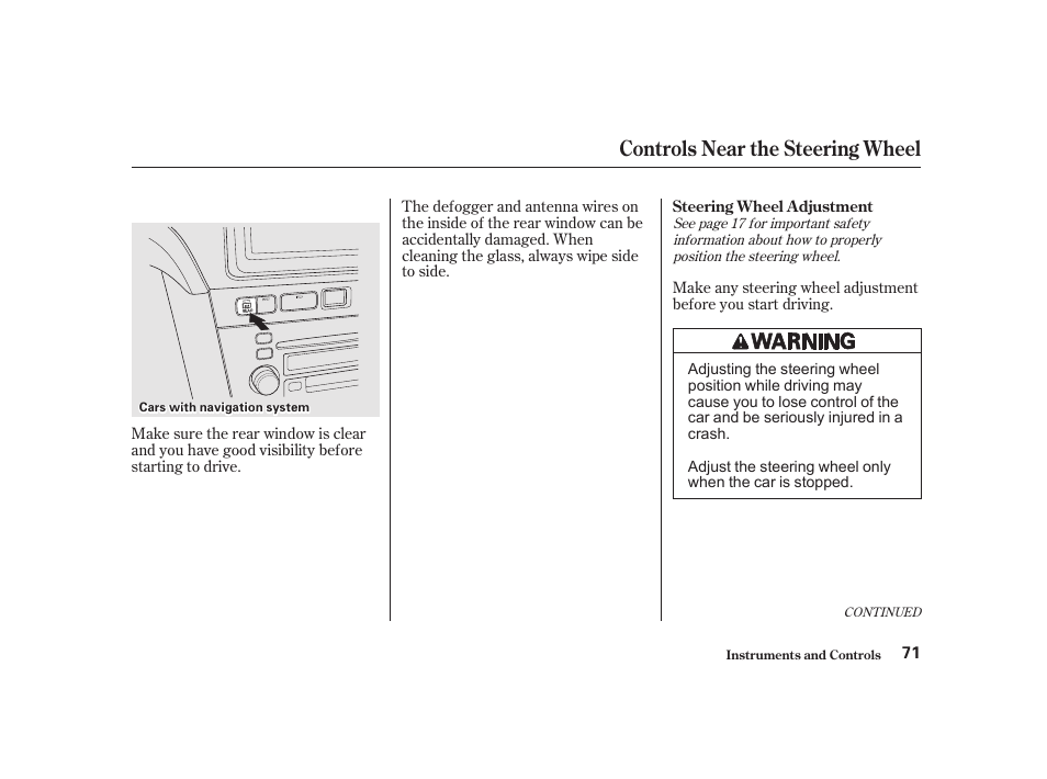 Controls near the steering wheel | Acura 2001 CL - Owner's Manual User Manual | Page 74 / 330