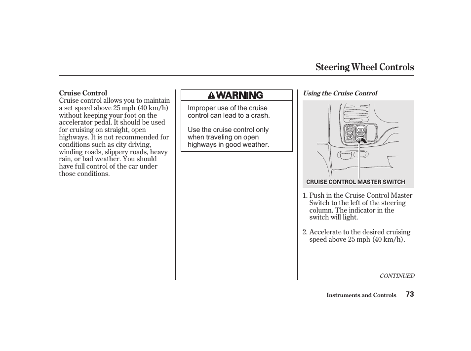 Steering wheel controls | Acura 2001 CL - Owner's Manual User Manual | Page 76 / 330