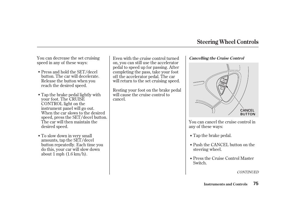 Steering wheel controls | Acura 2001 CL - Owner's Manual User Manual | Page 78 / 330
