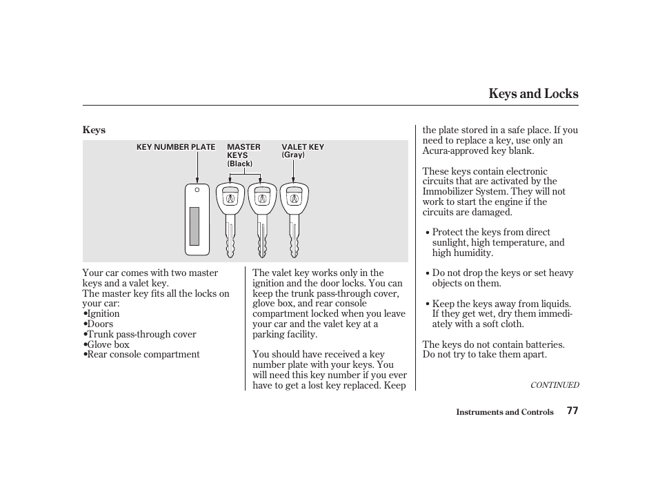 Keys and locks | Acura 2001 CL - Owner's Manual User Manual | Page 80 / 330