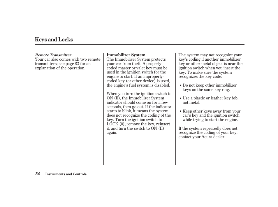 Keys and locks | Acura 2001 CL - Owner's Manual User Manual | Page 81 / 330