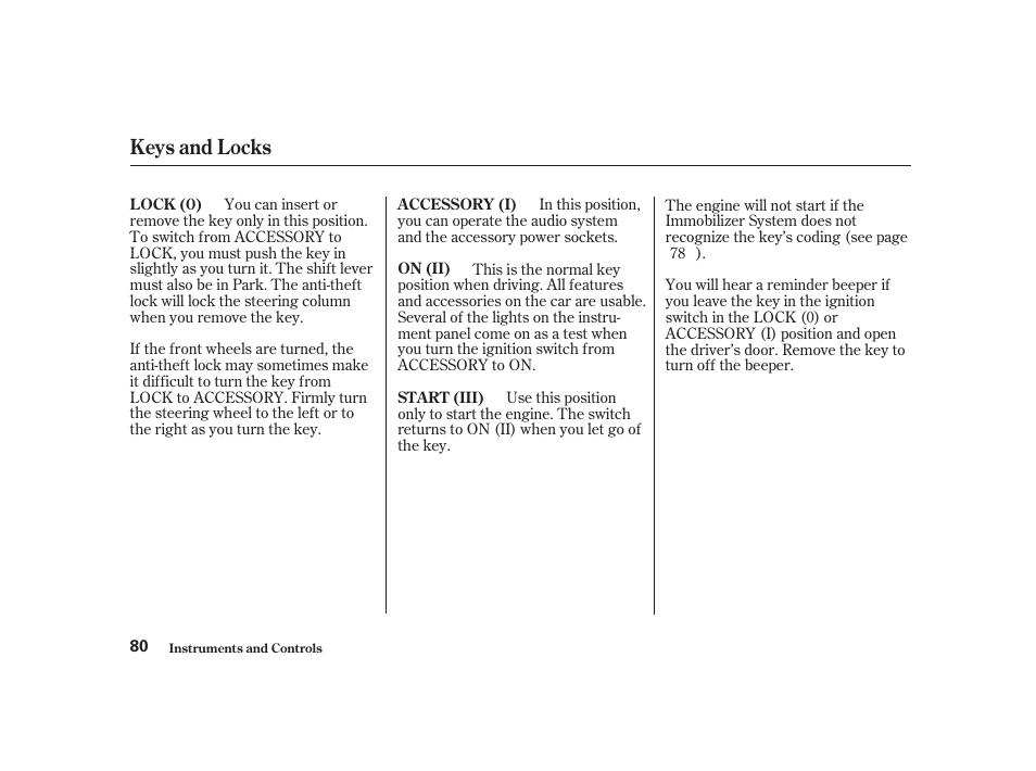 Keys and locks | Acura 2001 CL - Owner's Manual User Manual | Page 83 / 330