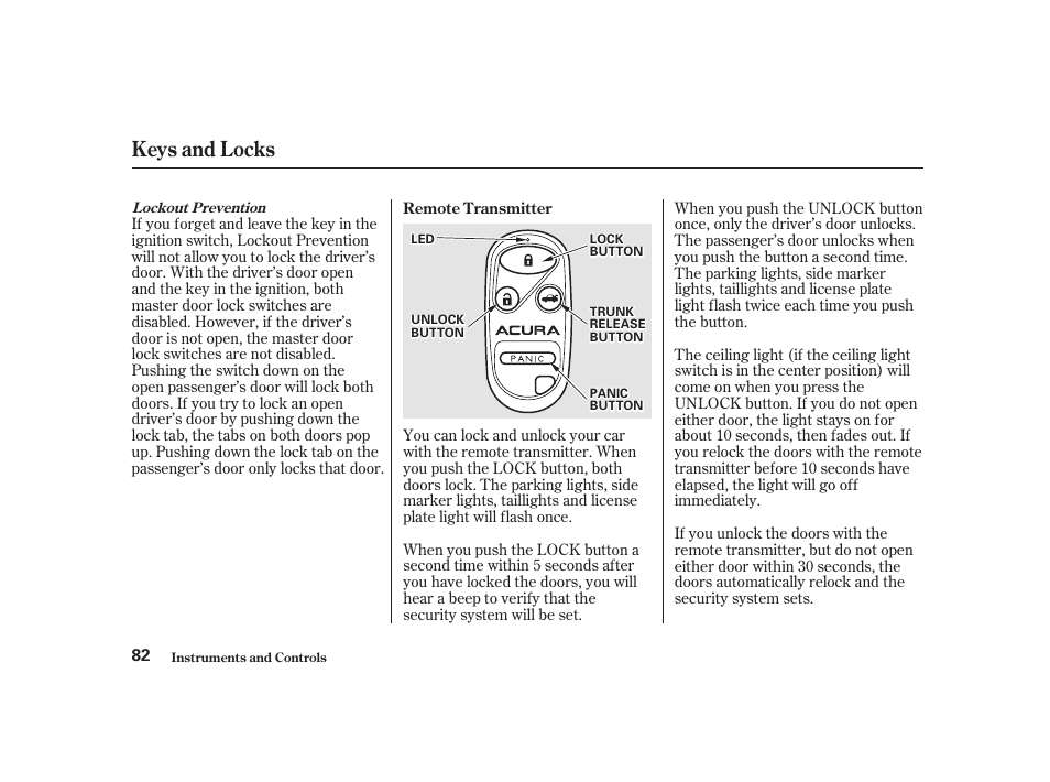 Keys and locks | Acura 2001 CL - Owner's Manual User Manual | Page 85 / 330