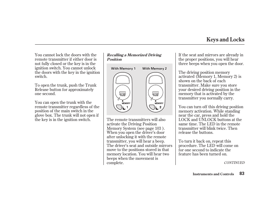 Keys and locks | Acura 2001 CL - Owner's Manual User Manual | Page 86 / 330