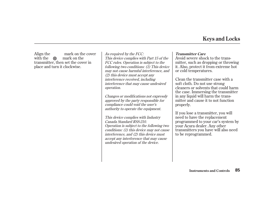 Keys and locks | Acura 2001 CL - Owner's Manual User Manual | Page 88 / 330