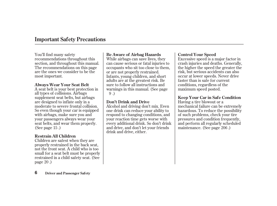 Important safety precautions | Acura 2001 CL - Owner's Manual User Manual | Page 9 / 330