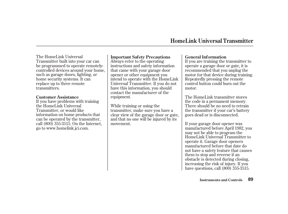 Homelink universal transmitter | Acura 2001 CL - Owner's Manual User Manual | Page 92 / 330