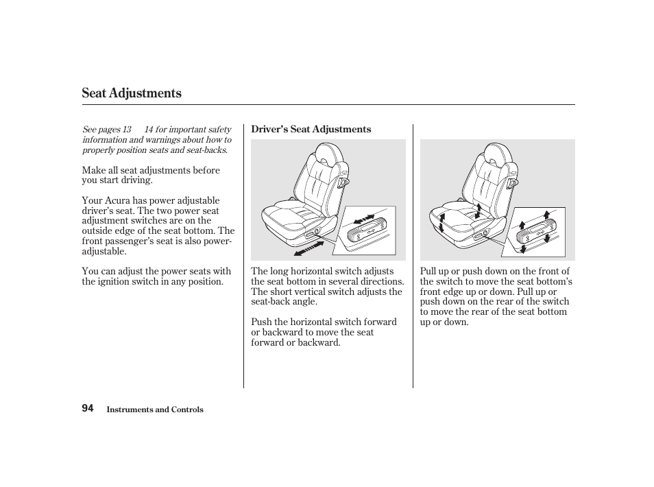 Seat adjustments | Acura 2001 CL - Owner's Manual User Manual | Page 97 / 330
