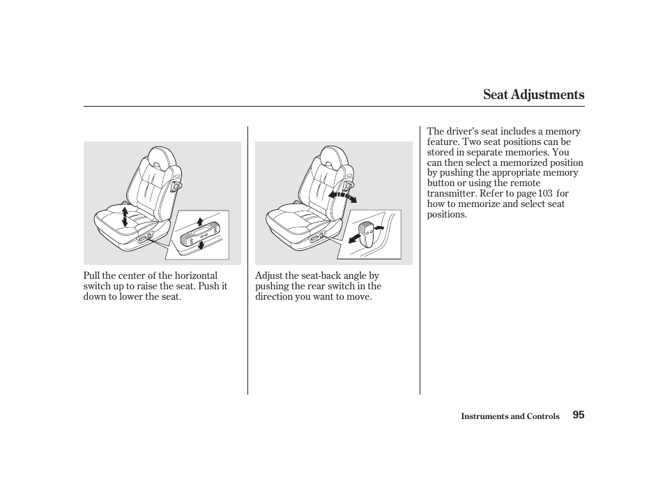 Seat adjustments | Acura 2001 CL - Owner's Manual User Manual | Page 98 / 330