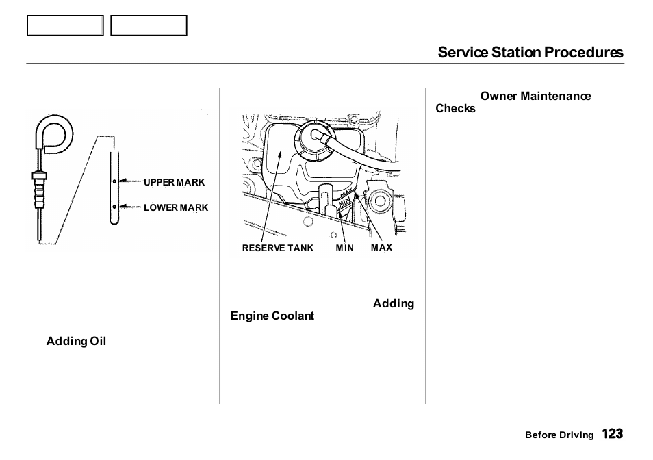 Service station procedures | Acura 2001 Integra Sedan - Owner's Manual User Manual | Page 126 / 276