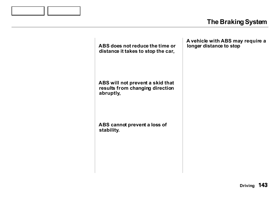 The braking system | Acura 2001 Integra Sedan - Owner's Manual User Manual | Page 146 / 276