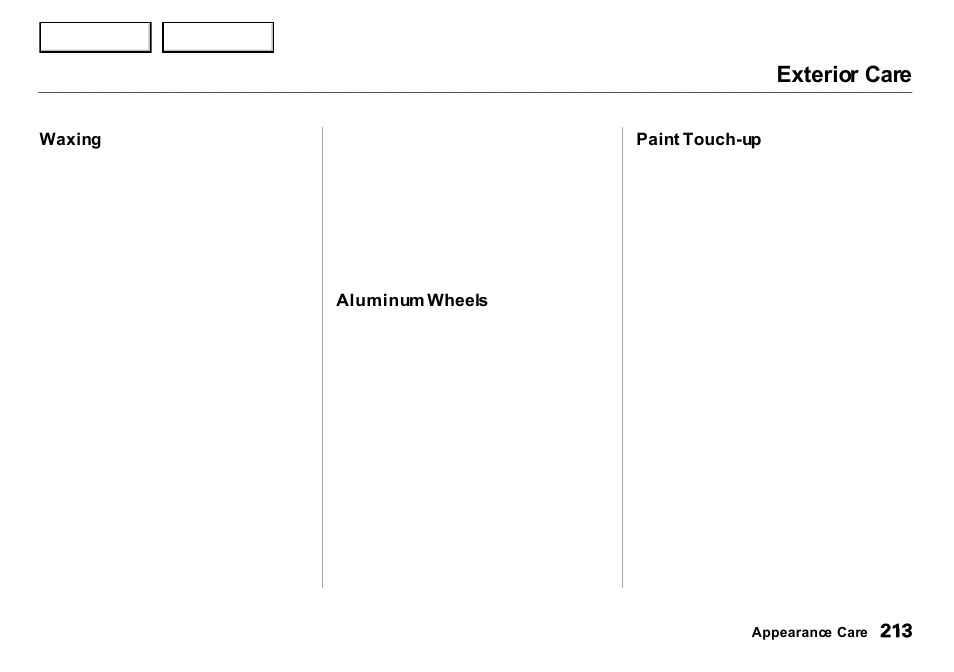 Exterior care | Acura 2001 Integra Sedan - Owner's Manual User Manual | Page 216 / 276