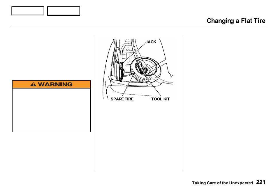 Changing a flat tire | Acura 2001 Integra Sedan - Owner's Manual User Manual | Page 224 / 276