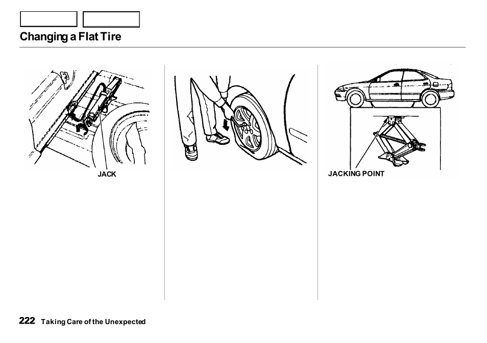 Changing a flat tire | Acura 2001 Integra Sedan - Owner's Manual User Manual | Page 225 / 276