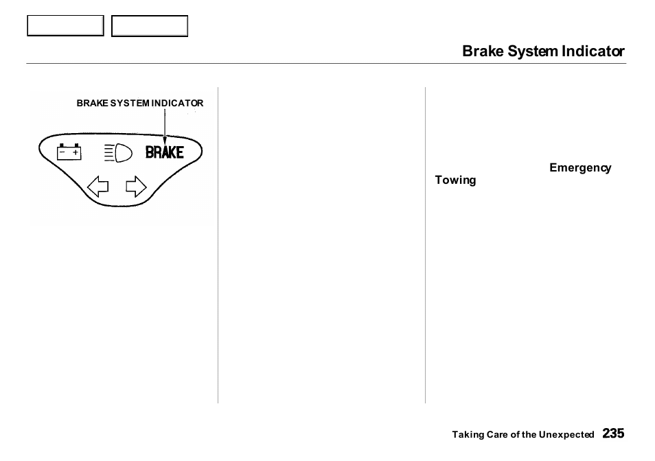 Brake system indicator | Acura 2001 Integra Sedan - Owner's Manual User Manual | Page 238 / 276