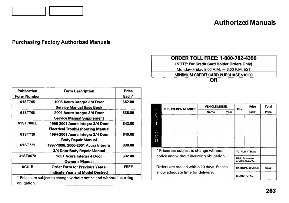 Authorized manuals | Acura 2001 Integra Sedan - Owner's Manual User Manual | Page 266 / 276