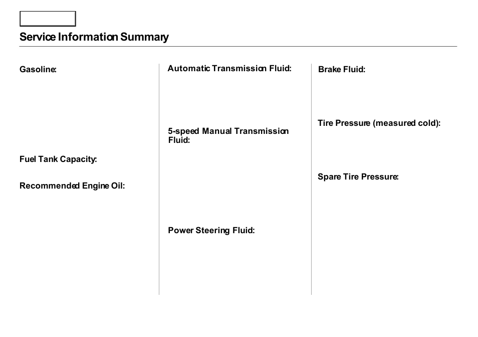 Service information summary | Acura 2001 Integra Sedan - Owner's Manual User Manual | Page 276 / 276
