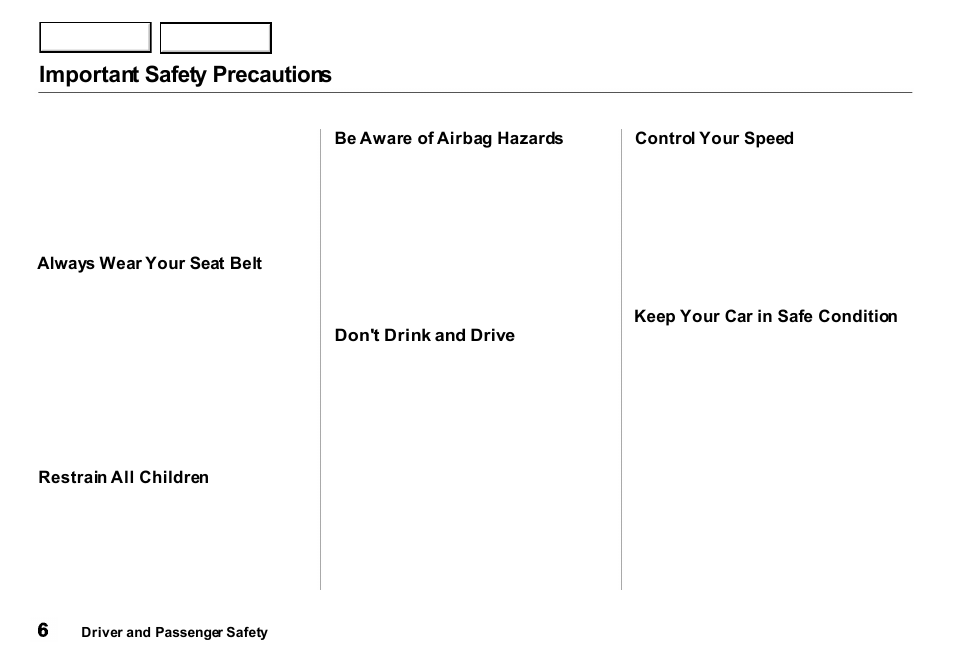 Important safety precautions | Acura 2001 Integra Sedan - Owner's Manual User Manual | Page 9 / 276