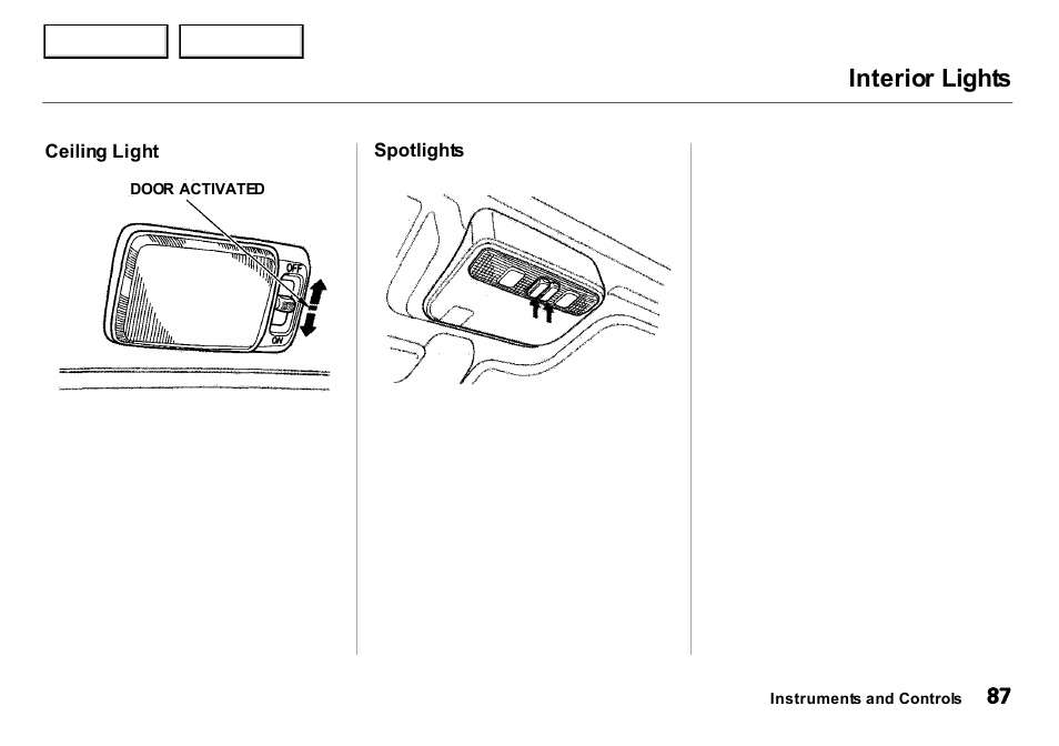 Interior lights | Acura 2001 Integra Sedan - Owner's Manual User Manual | Page 90 / 276