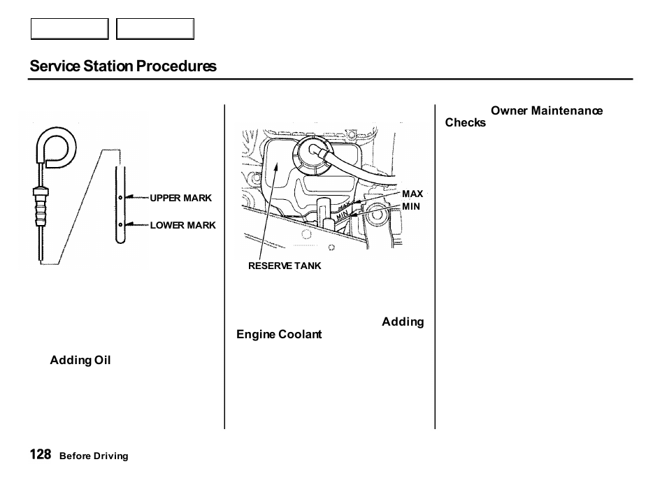 Service station procedures | Acura 2001 Integra Hatchback - Owner's Manual User Manual | Page 131 / 285