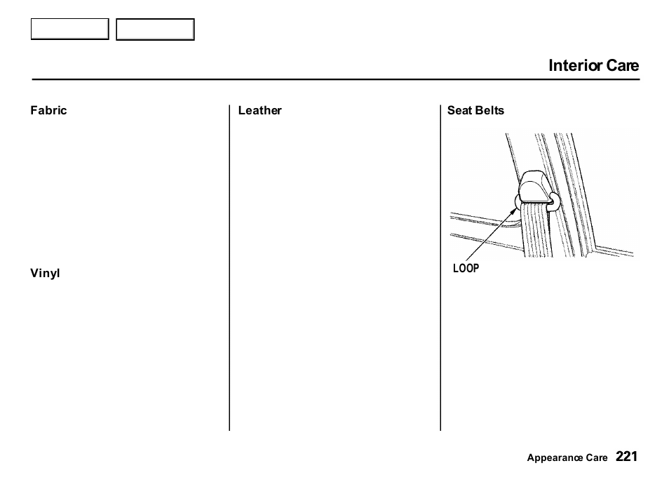 Interior care | Acura 2001 Integra Hatchback - Owner's Manual User Manual | Page 224 / 285